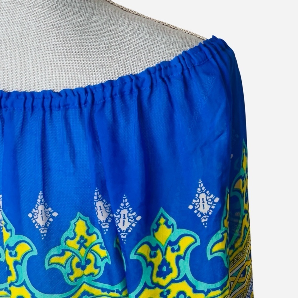 Hale Bob 100% Silk, Oversized Blue & Yellow Patterned Blouse, On/Off Shoulder S - Picture 6 of 11